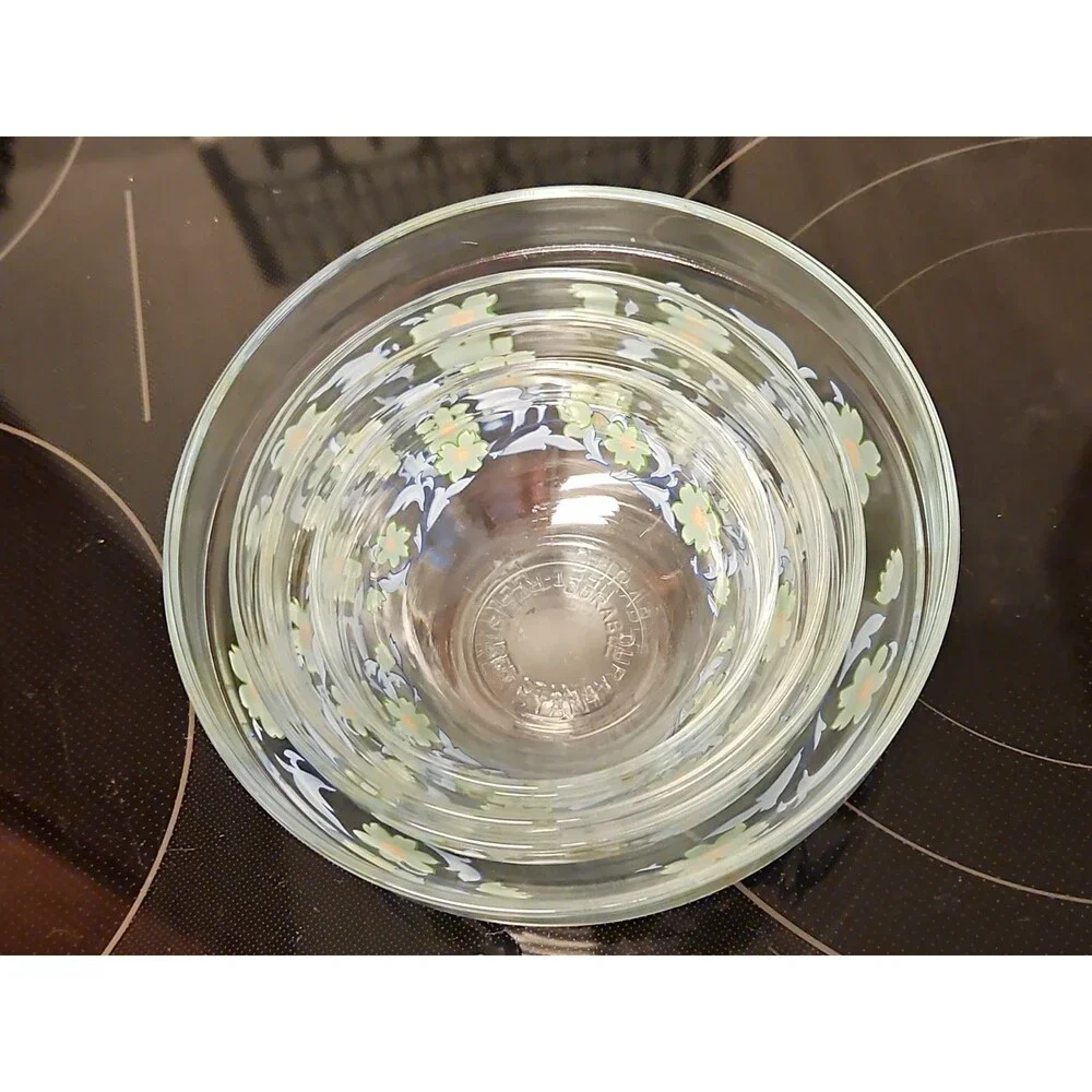 Set Of 4 Imperial Glass Green Sunflower Blue Leaves Nesting Bowls EUC